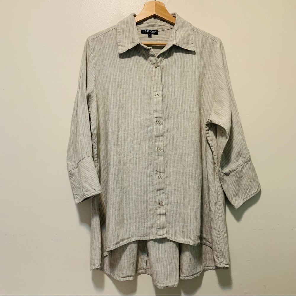 Boho Chic Oatmeal Beige 100% Linen Langenlook Top - Large